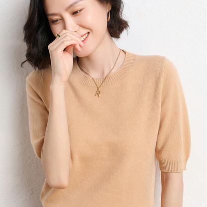 Spring And Summer Women Solid Color Casual Versatile Knitted Short-Sleeved Round Neck Knitwear Sweater