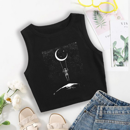 Women Fashion Sexy Moon Skull Graphic Print Cropped Tank Top T-Shirt
