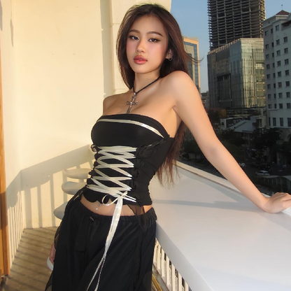 Women Fashion Edgy Sexy Tight Solid Color Drawstring Lace-Up Long Ruffled Tassel Tube Top