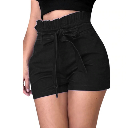 S-L Women Plain Color Ruffled High-waist Sash Shorts
