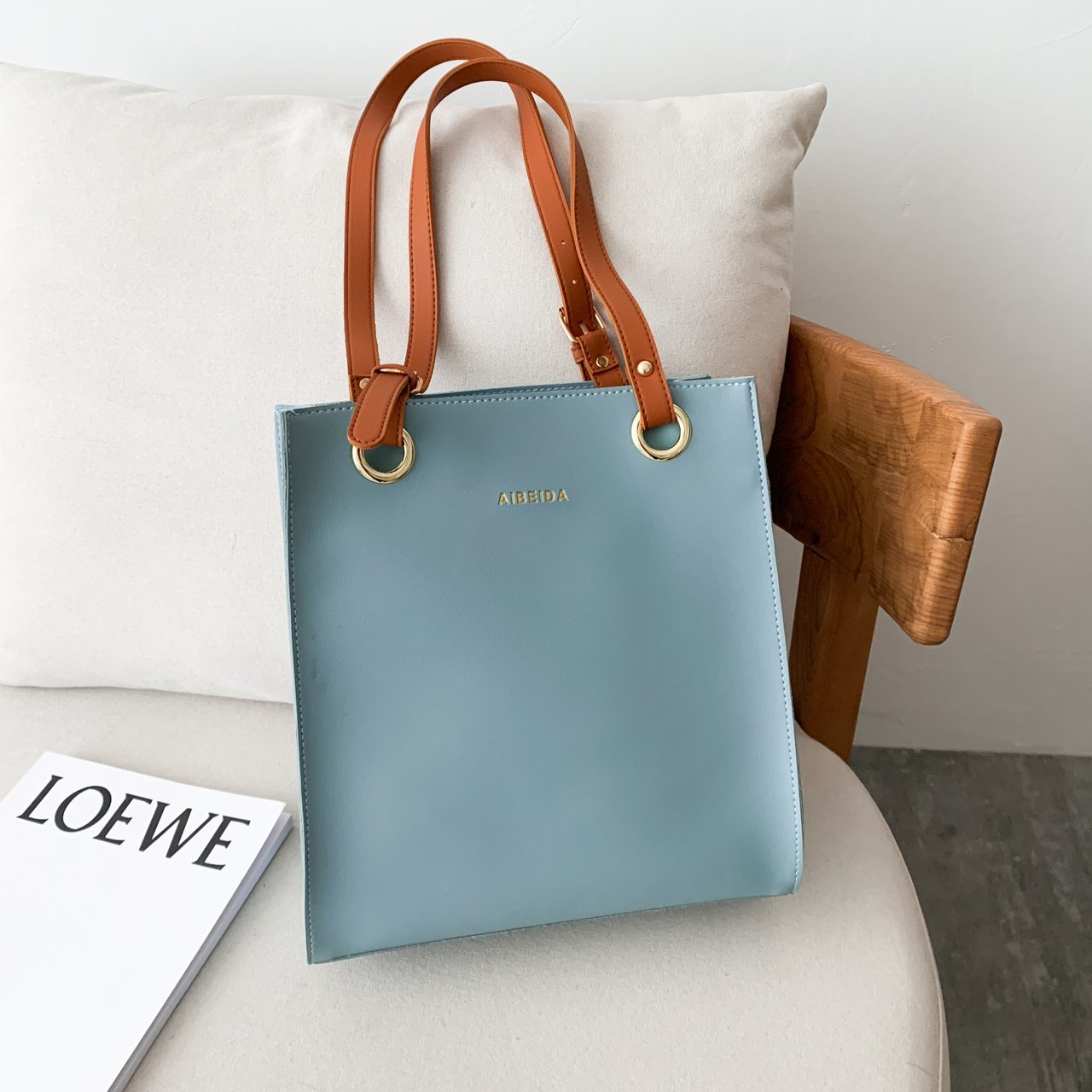Women Casual Basic Solid Color Large Capacity PU Square Tote Bag