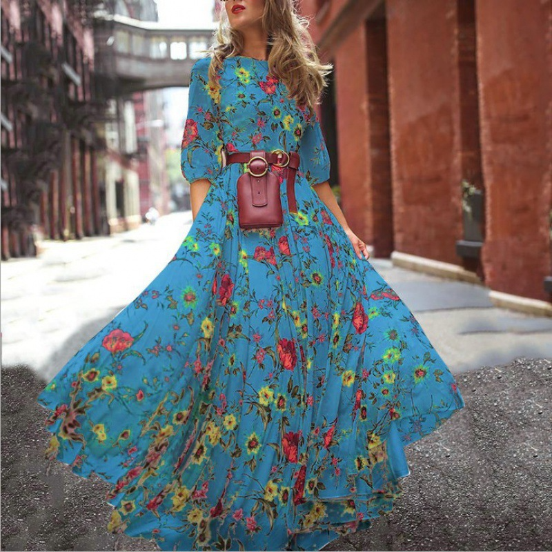 Women Casual Fashion Printed Swing Chiffon Maxi Dress