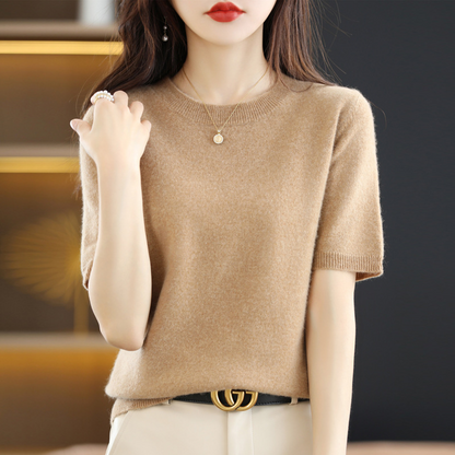 Spring And Summer Women Solid Color Casual Versatile Knitted Short-Sleeved Round Neck Knitwear Sweater