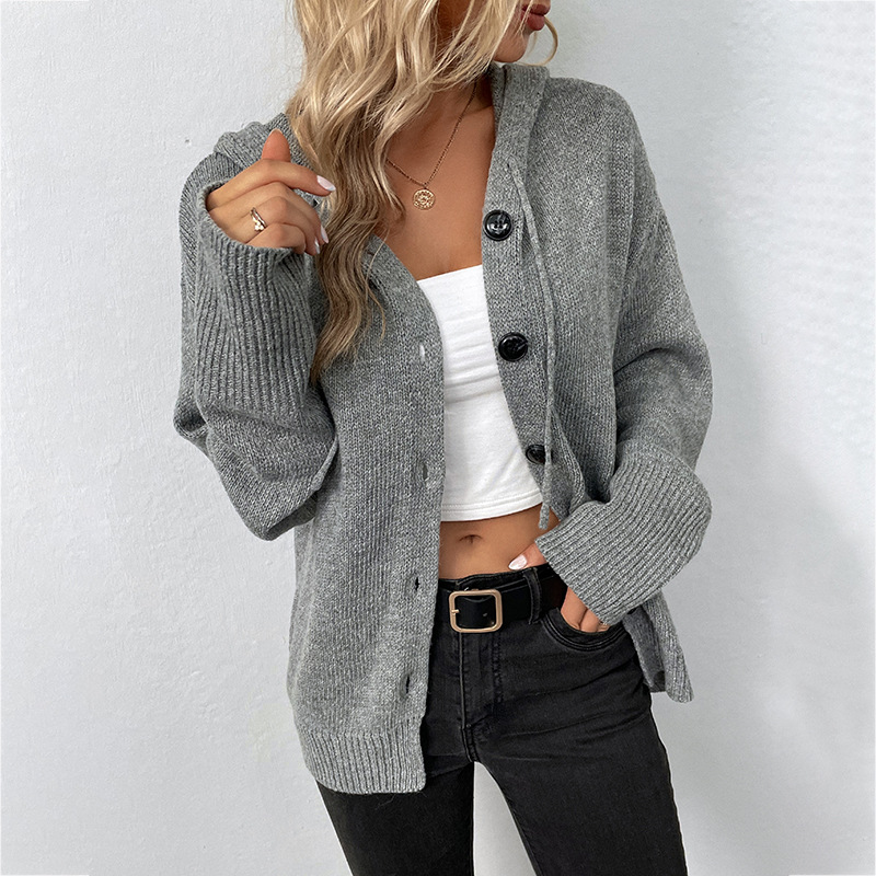 Women Casual Solid Color Hooded Single-Breasted Long Sleeve Knitted Cardigan Sweater