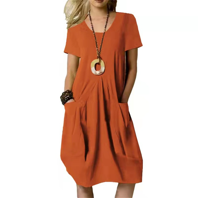 Casual Women Short Sleeve Solid Color Pocket Loose Dress