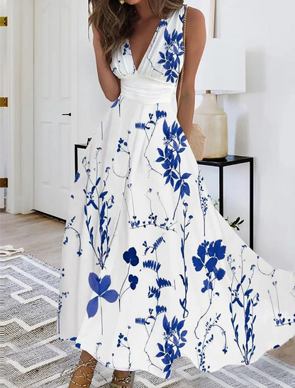 Women Fashion Sexy V Neck High Waist Sleeveless Floral Printing Maxi Dress