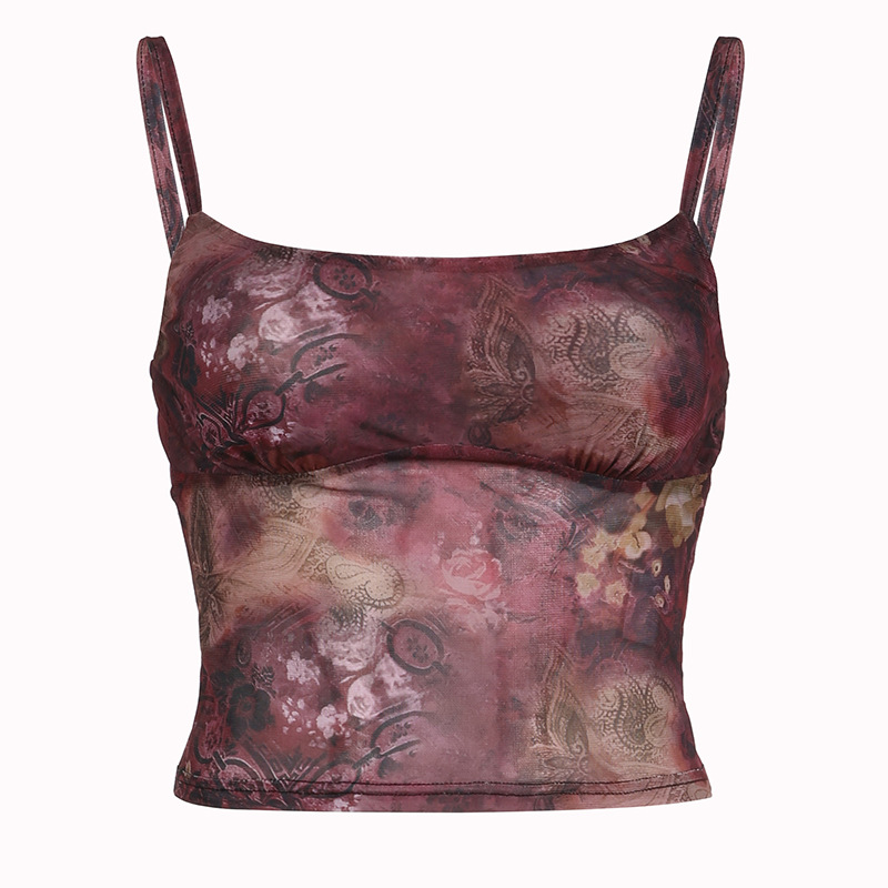Women Fashion Sexy Floral Printed Mesh Tight Crop Top Camisole