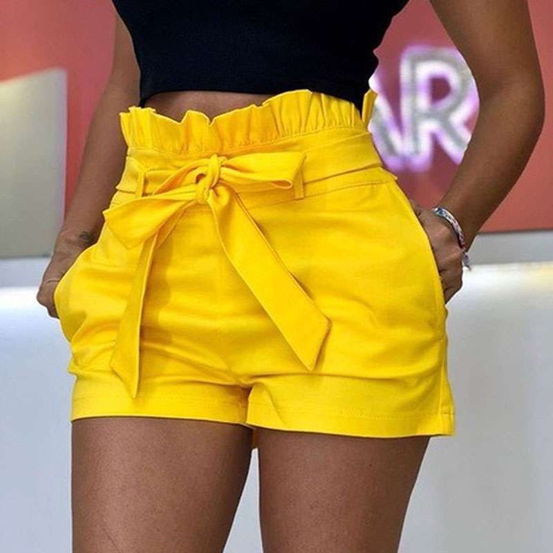 S-L Women Plain Color Ruffled High-waist Sash Shorts