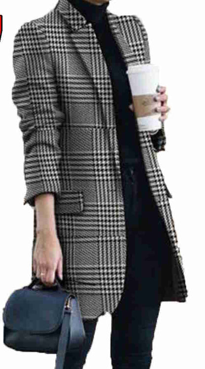 Women Winter Office Casual All Over Print Lapel Single-Breasted Long Sleeve Blazer