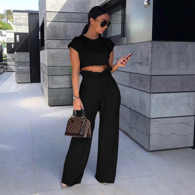 Women Fashion Casual Solid Color Top And Wide Leg Pants Two-Piece Set