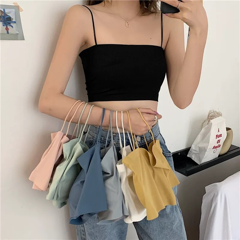Women Casual Solid Color Ice Silk Rib-Knit Wrapped Chest Spaghetti Strap Camis