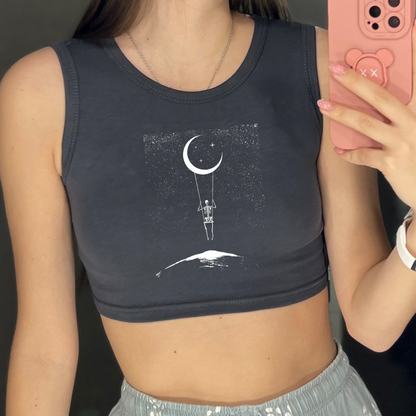 Women Fashion Sexy Moon Skull Graphic Print Cropped Tank Top T-Shirt