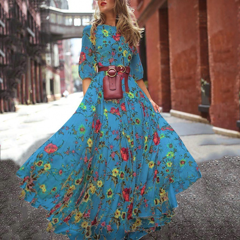 Women Casual Fashion Printed Swing Chiffon Maxi Dress