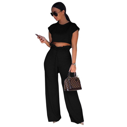Women Fashion Casual Solid Color Top And Wide Leg Pants Two-Piece Set
