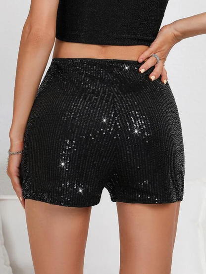 Women Fashion Sexy Solid Color Sequin Mid-Waist Shorts