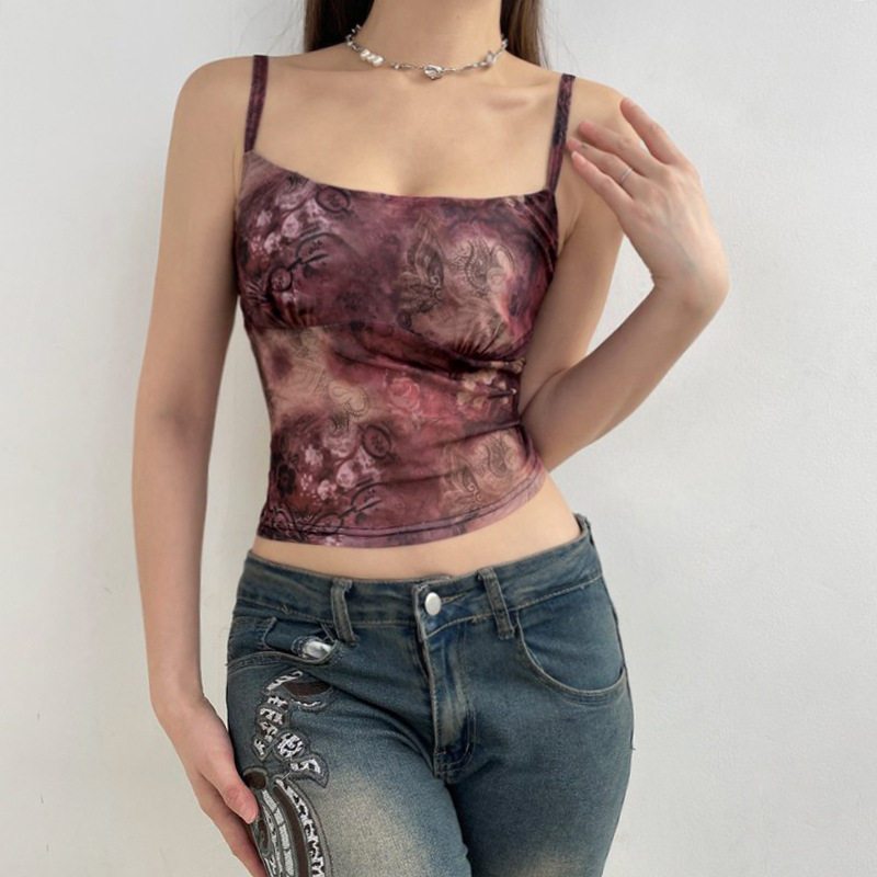 Women Fashion Sexy Floral Printed Mesh Tight Crop Top Camisole