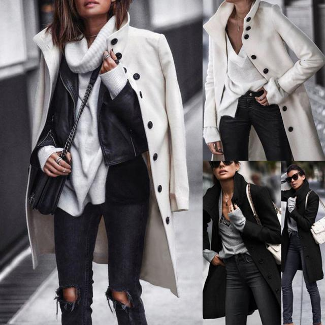 Women Solid Color Stand Collar Button Long Sleeve Long Coat