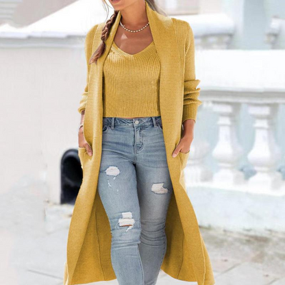 Women Casual Classic Autumn Winter Cardigan Trench Coat Knitted Loose Sweater Two-Piece Solid Color Set