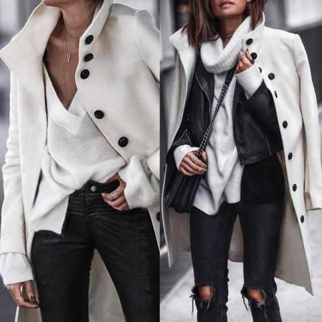 Women Solid Color Stand Collar Button Long Sleeve Long Coat