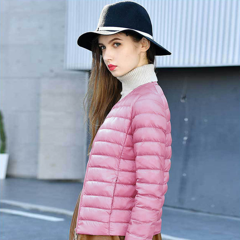 Round Neck Slim Down Jacket Women Collarless Solid Color Long Sleeve Winter Coat
