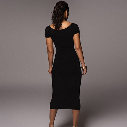 Women Basic Solid Color Short Sleeves Off-The-Shoulder Rib Knit Long Slim Dress