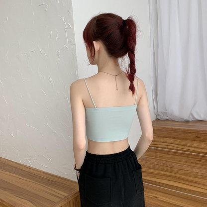 Women Casual Solid Color Ice Silk Rib-Knit Wrapped Chest Spaghetti Strap Camis