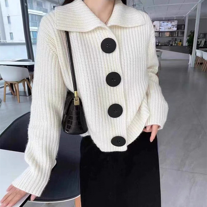 Women Fashion Winter Solid Color Button Lapel Knitted Sweater